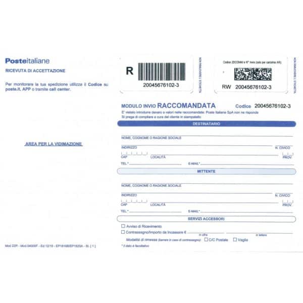 NUOVO Modulo Accettazione Raccomandate Standard – MOD22R – conf. 100 pezzi